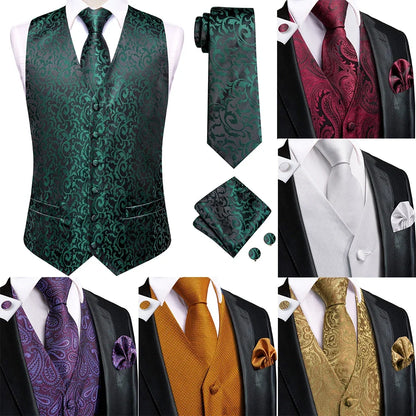 Men's Silk Vests Fashion Dark Green Floral Jacquard Handkerchief Cufflinks Necktie Sleeveless Wistcoat Sets Wedding Party