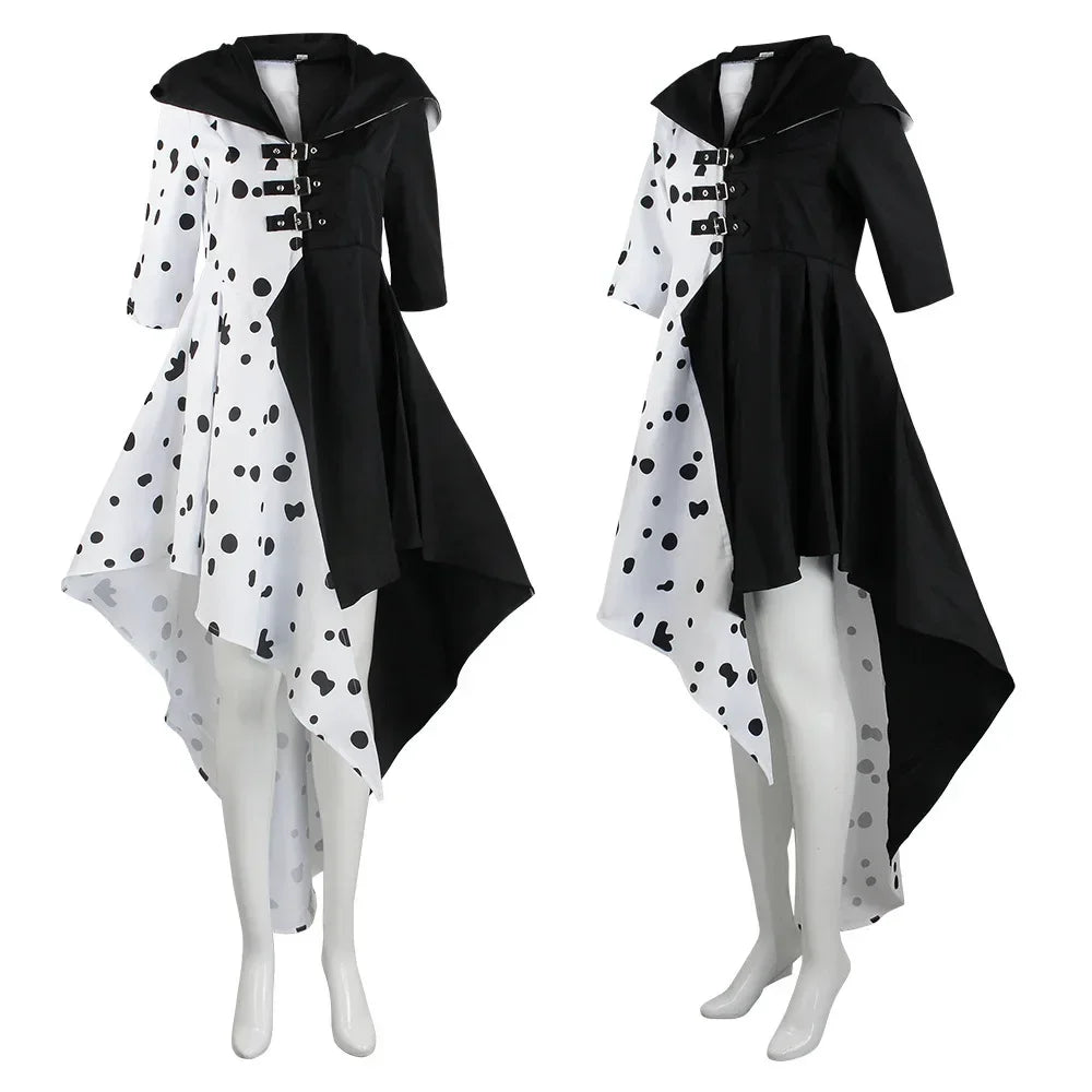 Anime Cruella cosplay costume dress set with gloves cloak Halloween carnival set adult female Cruella De Vil costume