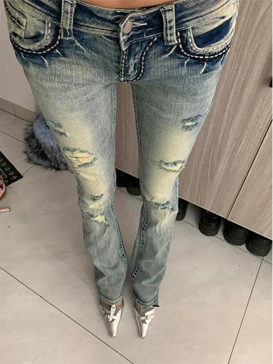 Women Grunge Low Waisted Flare Ripped Denim Pants Japanese Abi Y2k Harajuku Bell-Bottom Jeans Gyaru Baddie Style Skinny Retro