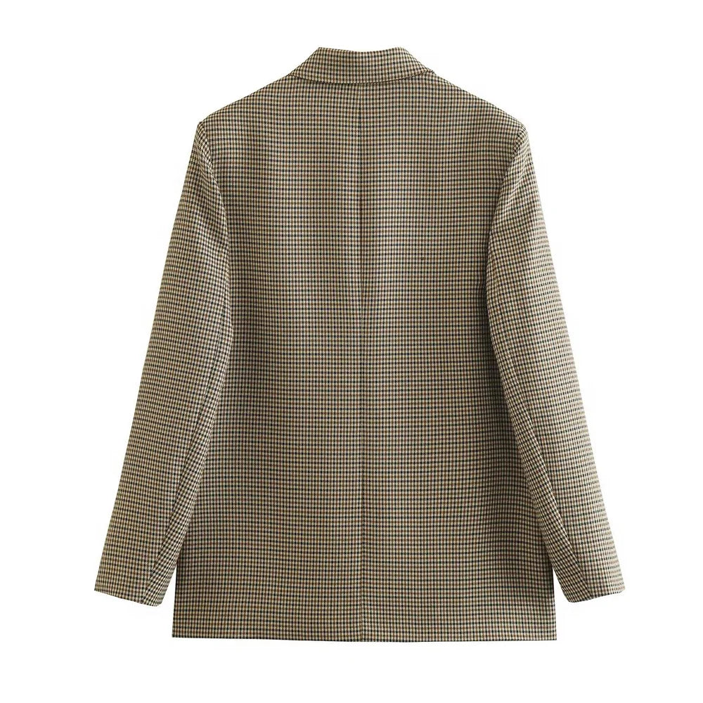 Women Fashion Double Breasted Plaid Blazer Coat Vintage Long Sleeve Flap Pockets Female Outerwear Chic Vestes Femme