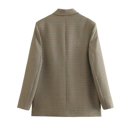 Women Fashion Double Breasted Plaid Blazer Coat Vintage Long Sleeve Flap Pockets Female Outerwear Chic Vestes Femme