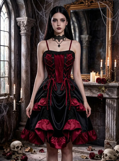Gothic Lace Up Cinched Ruffles Layered Dress 2026 Women Summer New Deep Red Club,Cocktail & Party A Line Dresses Vestidos