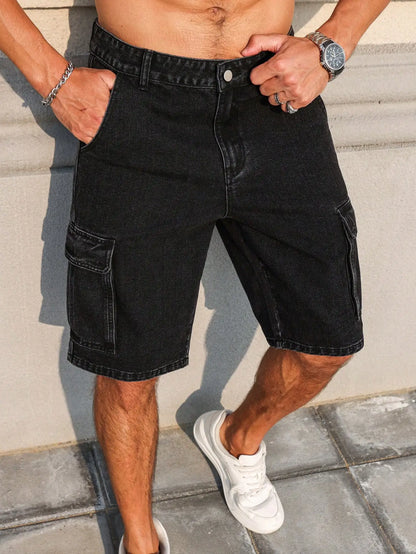 Men's Summer Denim Black Shorts. Workwear Style. For Daily Leisure. Creating a Trendy Street-Style Look.