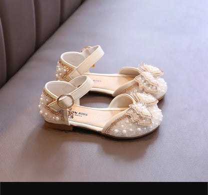 2025 New Summer Style Fashionable Comfortable Casual and Elegant Flat Bow Toe-toe Beaded Wear-resistant Girls' Leather Shoes