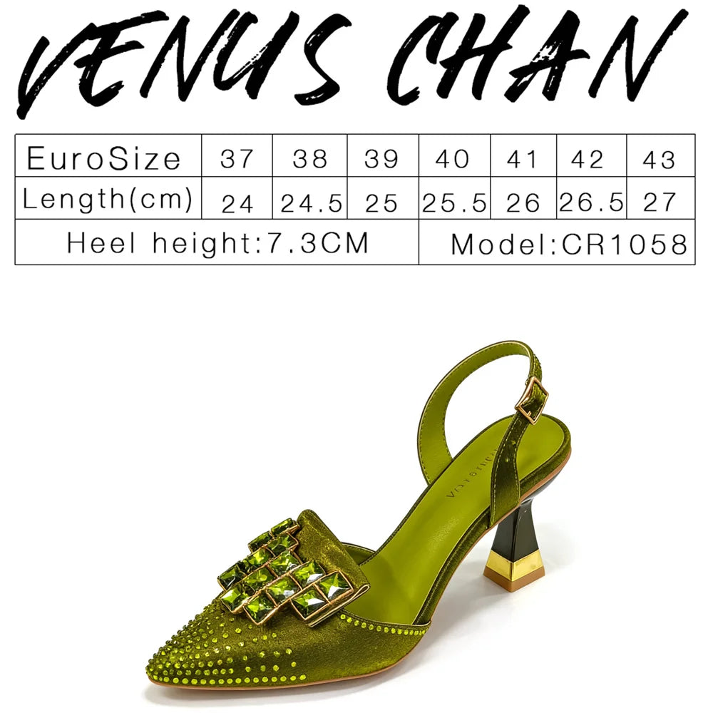 2026 INS Italian Design Olive Green Rhinestone Pointed-Toe Women's High Heels & Matching Bag Set - Ideal for Parties & Weddings