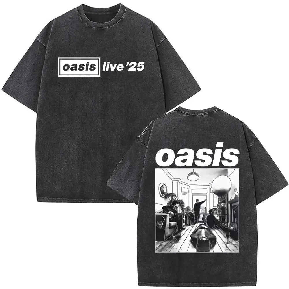 O-Oasis T-Shirts British Rock Band Vintage Washed T-shirt Men Women Clothing Cotton Casual Short Sleeve T Shirts Tops Streetwear