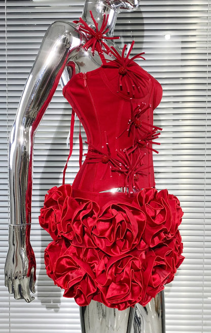 Black Red Color Women Sexy Strapless Laced-up Tops Florlas Bodycon Mini Skirt Set Celebrate Birthday Party Cocktail Dress