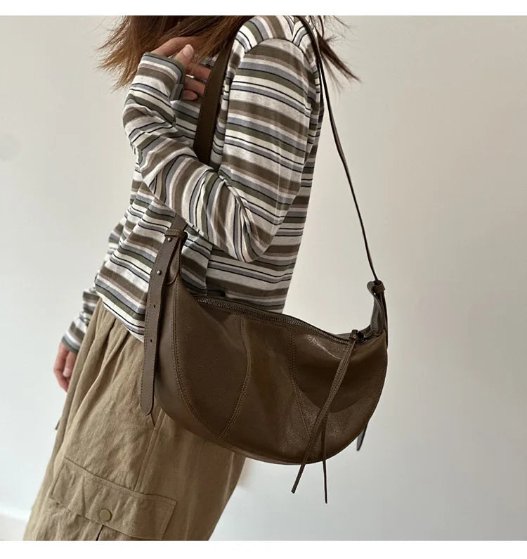 2026 New Genuine Leather Women's Bag Casual Solid Color Versatile Saddle Bag Soft Cowhide Shoulder Crossbody Bags