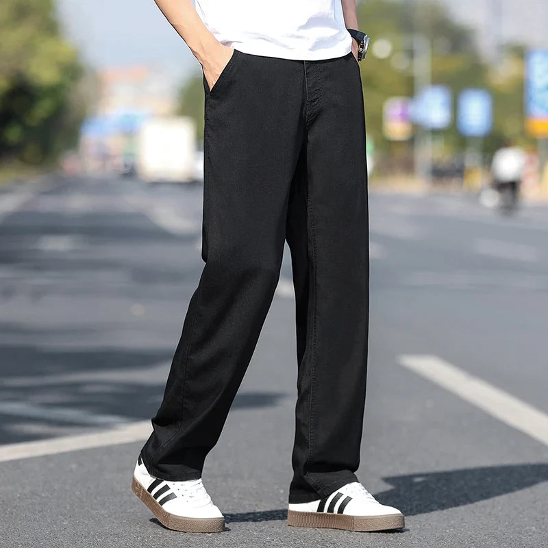 Loose Wide-leg Men's Thin Jeans Lyocell Soft Drape Fabric Comfort Trousers Spring Summer Fashion Brand Washing Denim Pants