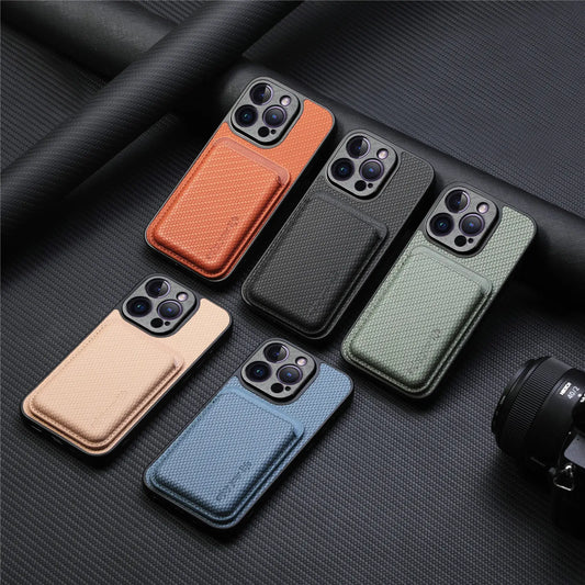 Carbon Fiber Style PU Leather for Magsafe Case for iPhone 17 Air 16 15 Pro Max 16e 14 Plus 11 12 13 Mini Cover Card Holder LM2