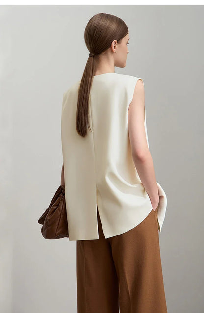 Minimalism England Style Vest Women 2025 Autumn New Gentle Commuter Versatile Sleeveless Loose Mid-Length Vest 12521012