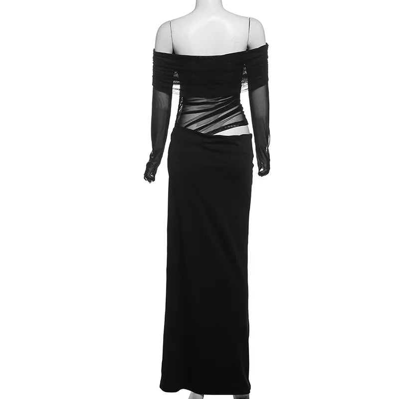 Sexy Dress Women 2025 Spring Patchwork Mesh Elegant Slash Neck Ruched Fit Chic Birthday Party Festival Vacation Vestidos