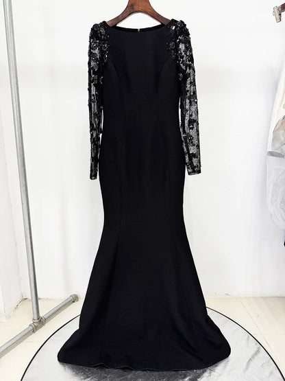 HIGH STREET Newest Fashion 2026 Designer Party Vestido Women's Spliced Mesh Diamonds Beaded Long Sleeved Maxi Long Dress