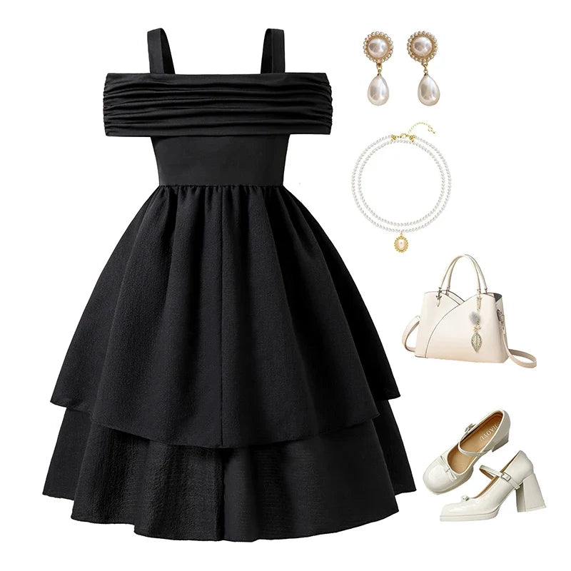 Kids Dress For Girls Black Solid Color Sling Short Sleeve Ruched Tiered Dress 8-12 Years Summer Frenchy Simple Style Elegant