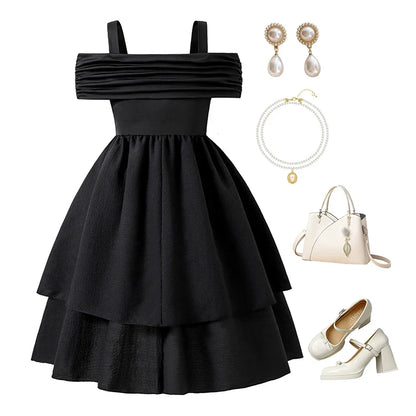 Kids Dress For Girls Black Solid Color Sling Short Sleeve Ruched Tiered Dress 8-12 Years Summer Frenchy Simple Style Elegant