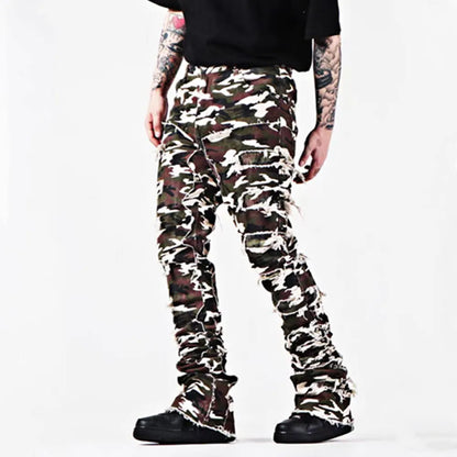 New European and American Heavyweight Streetwise Stretch Patch Jeans for Men, High Street Straight Fit Long Jeans16-3001