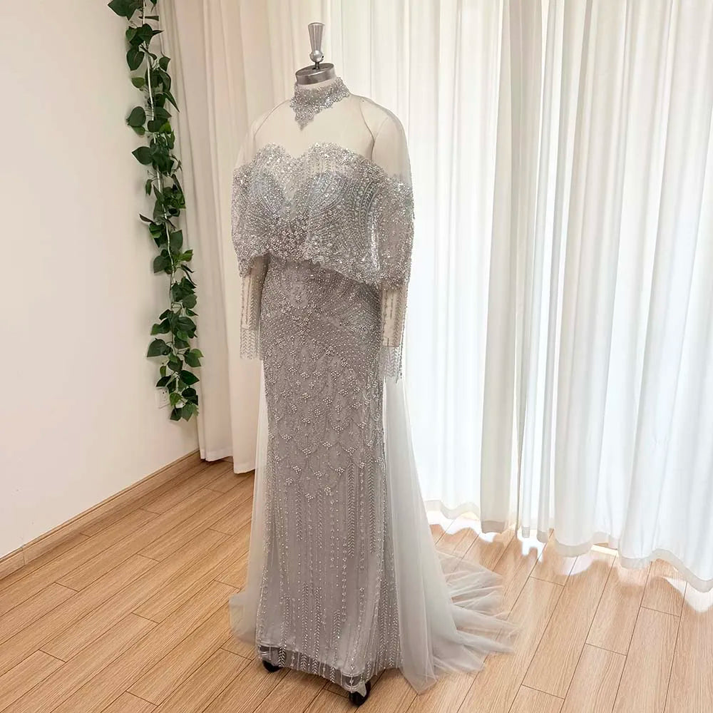 Beaded Mermaid Evening Dress for Women 2026 Elegant High Neck Long Sleeves for Women Wedding Party Gown Customized