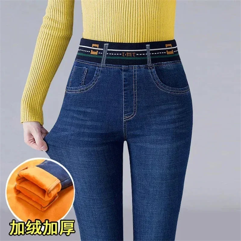 Winter Plus Velvet Stretch Jeans Women Oversize 40 High Waist Skinny Vaqueros Thick Warm Denim Trousers Fashion Mom Pencil Pants