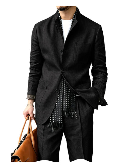 Men's Linen Blend 2 Piece Suit Set Stand Collar Breathable Casual Blazer Pants For Business Daily Wear