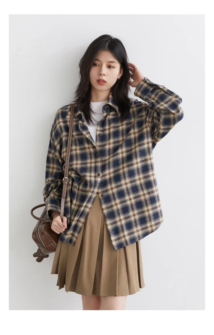 Women Shirts Loose Casual New Sanding Plaid Shirt Long Sleeve Medium Long Length Blouses Female Tops Spring Autumn 2025