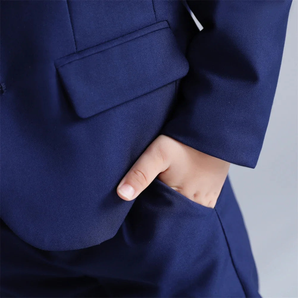 Four Pieces Navy Blue Boys Suit Set Single Breasted Jacket Pants Vest Bowtie Communion Party Tuxedo Formal wear