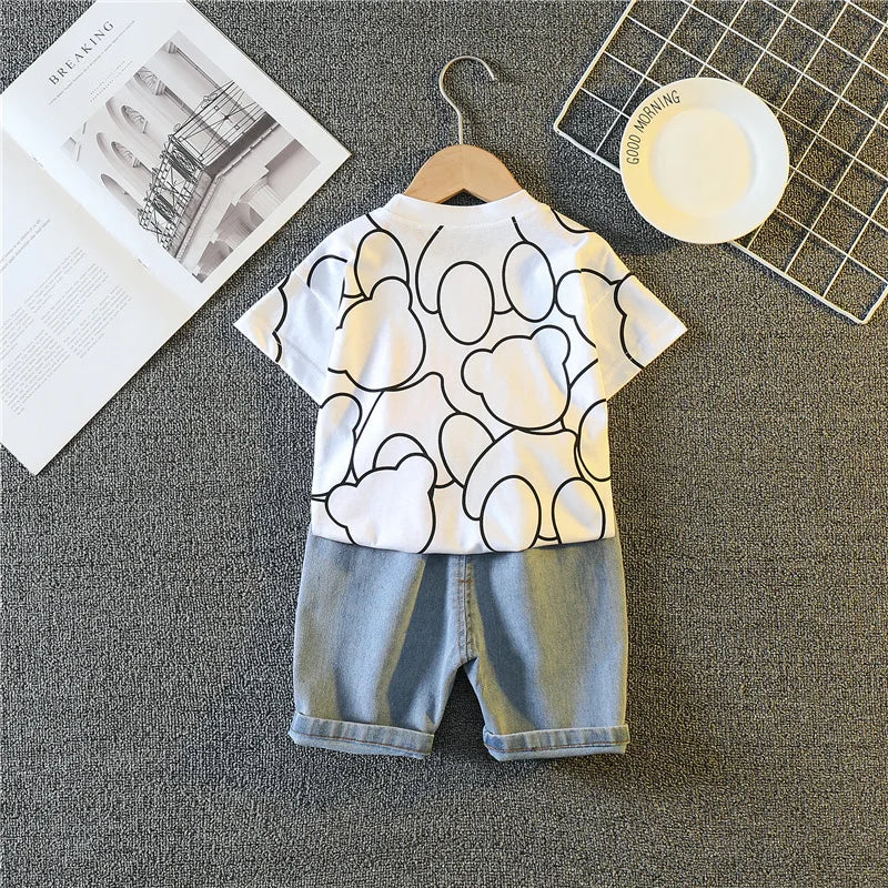 Summer Baby Boys Carttoon T-Shirt And Denim Shorts Set Toddler Infant Casual Clothing Outfit Kids Children's Clothing Suit