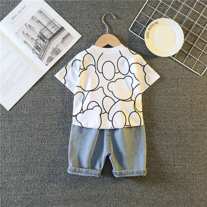 Summer Baby Boys Carttoon T-Shirt And Denim Shorts Set Toddler Infant Casual Clothing Outfit Kids Children's Clothing Suit