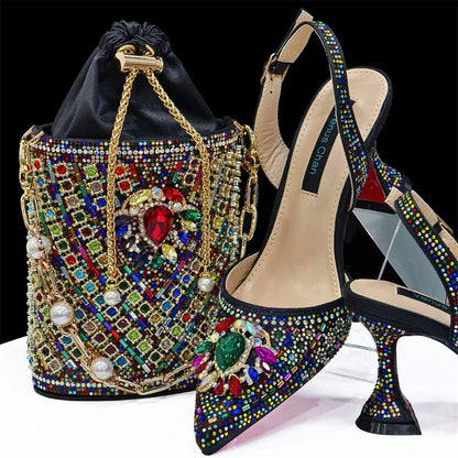 Nigerian Heel Party for Women Red Color Shoes and Bag Set Rhinestone Handbag Italian Design Wedding INS 2024