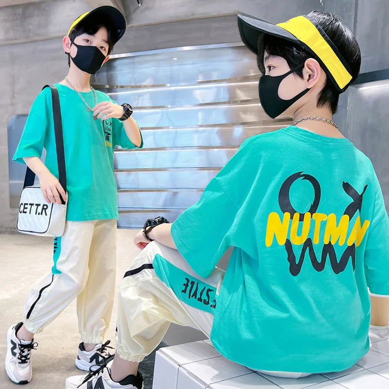Summer Boys Cotton Contrast Alphabet t-Shirt Tops+Pants Set School Kids Tracksuit Children 2PCS Outfit Jogging Suit 5-16 Years