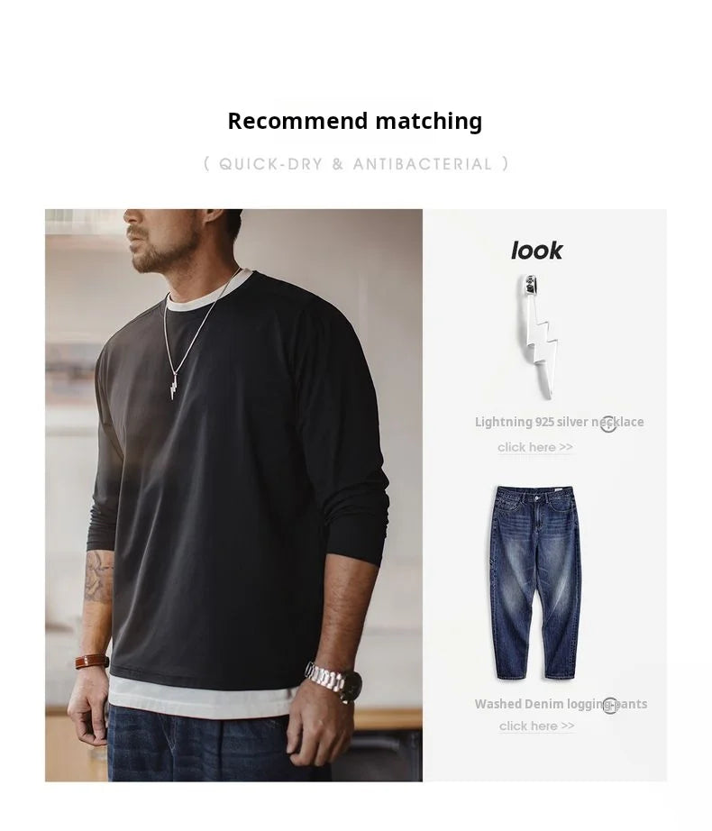 Casual 7A Anti-Bacterial Quick-Dry Long Sleeve T-Shirt Men's Spring Cool Comfort Breathable Tops Round Neck Layering Tee