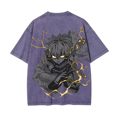 Demon Slayer Men's Women's Washed T-Shirt Zenitsu Agatsuma Summer Spring Anime Tee Retro Distressed High Quality Short Sleeve