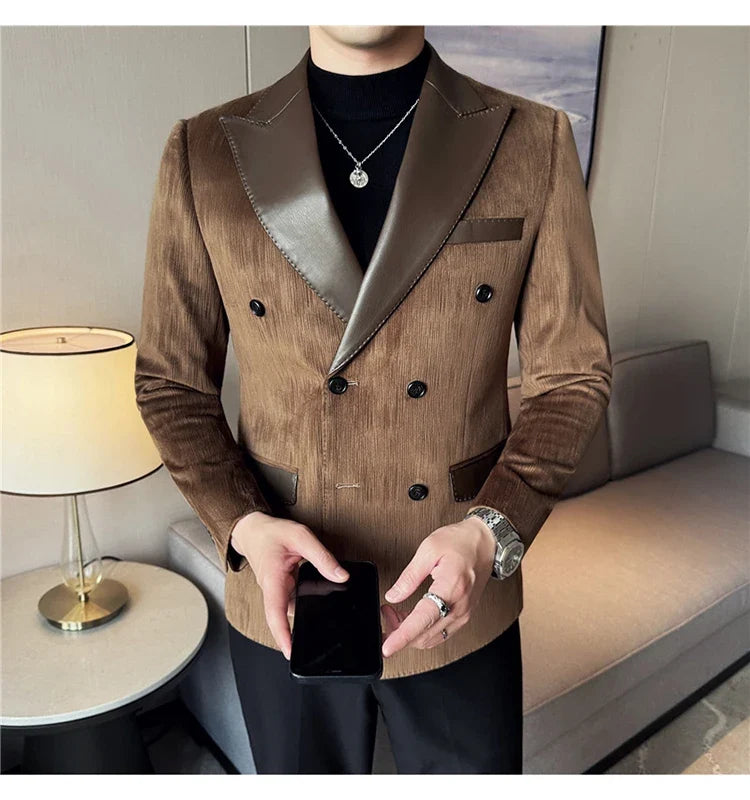 British Style Luxury Men Double Breasted Suit Jacket High Quality Fashion PU Leather Neck Spliced Coats Groom Social Party Dress