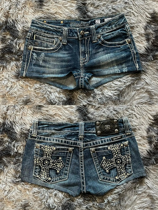 Vintage American Rhinestone Shorts for Women Sexy Girl Goth Washed Blue Denim Biker Shorts Jeans Harajuku Casual Shorts Clothing