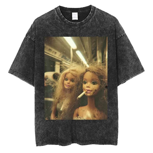 Funny Distressed Doll Face Meme Smoking Oversized T shirt 100% Cotton Vintage Washed T-shirt for men women P724