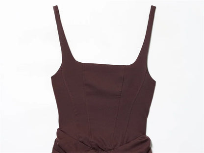 Women's Dress 2025 Autumn New Arrivals Reddish-Brown Spaghetti Strap Sexy Bodycon Mini Dress with Tie Details Stylish and Unique