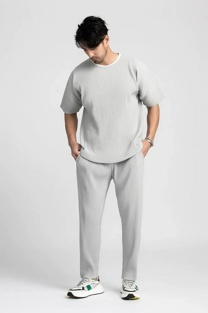 Miyake Shirt Thin Breathable Short Sleeve Round Neck T Shirt Summer Solid Sports Top Miyake Pleated Men