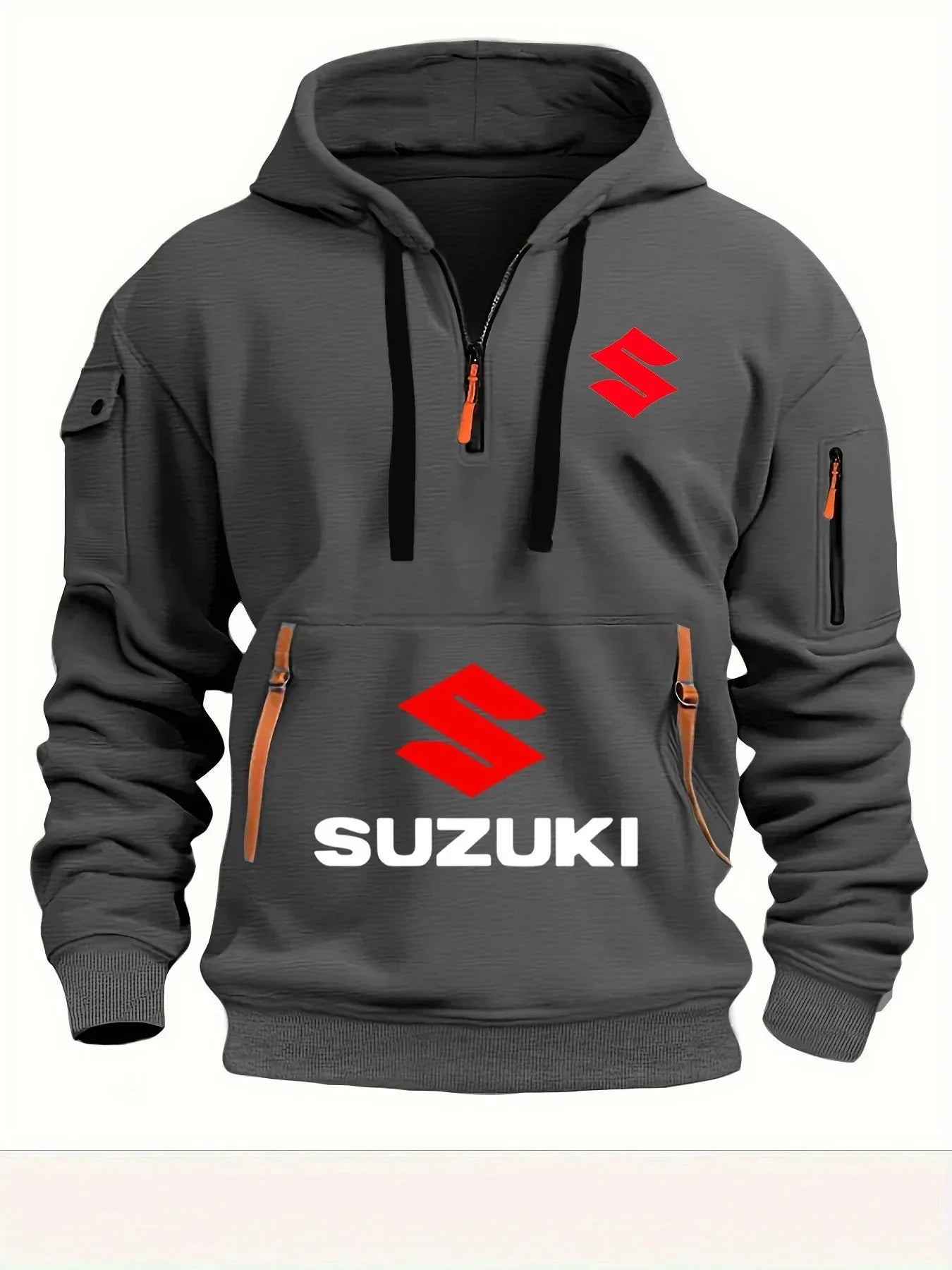 2026 Nueva sudadera con capucha Suzuki estilo motocicleta con diseño de media cremallera y logotipo rojo, top informal estilo