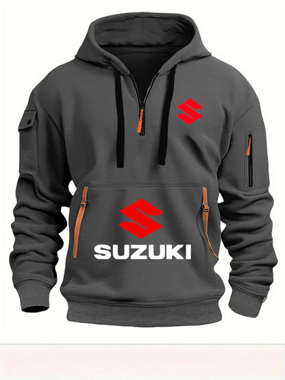 2026 Nueva sudadera con capucha Suzuki estilo motocicleta con diseño de media cremallera y logotipo rojo, top informal estilo