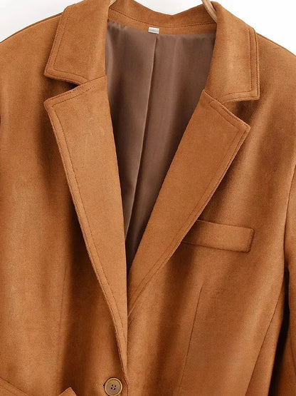 Office Lady Suede Blazer V Neck Sashes Long Pockets Blazer Fashion 2025 Fall Streetwear Outwear Winter Thick Coats