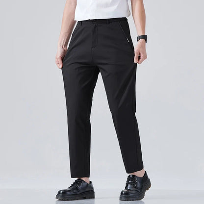 2026 Spring Summer Thin Ice Silk Suit Pants Men's Business Straight Slim High Elastic Ankle Length Casual Pants Male