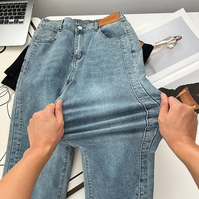 Women's Split Leg Opening Drainpipe Jeans, Casual Ankle Length Denim Pants, Straight Leg, Plus Size, Spring, Autumn, 100kg, 1649