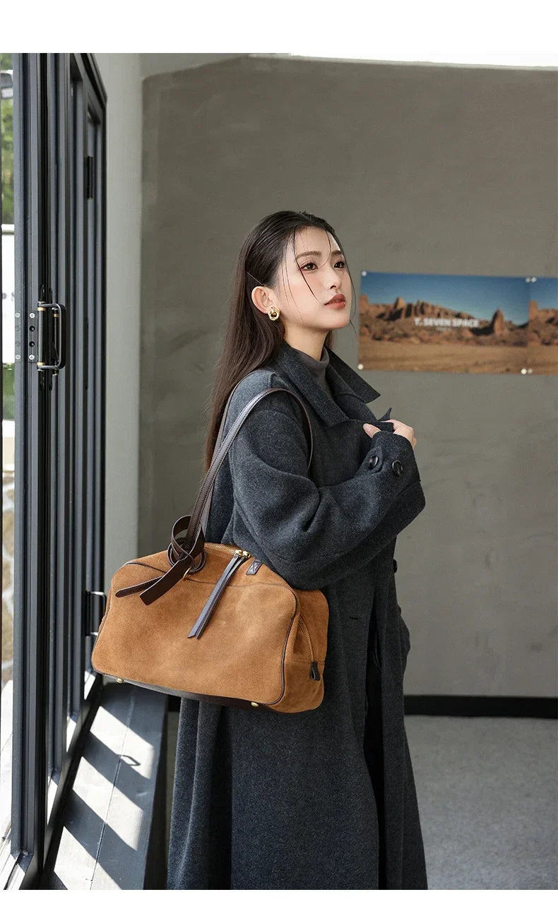 Ladies Casual Soft Suede Cowhide Handbags Women's Frosted Cow Leather Shoulder Bag Female Fashion Trend Luxury Designer Bags New