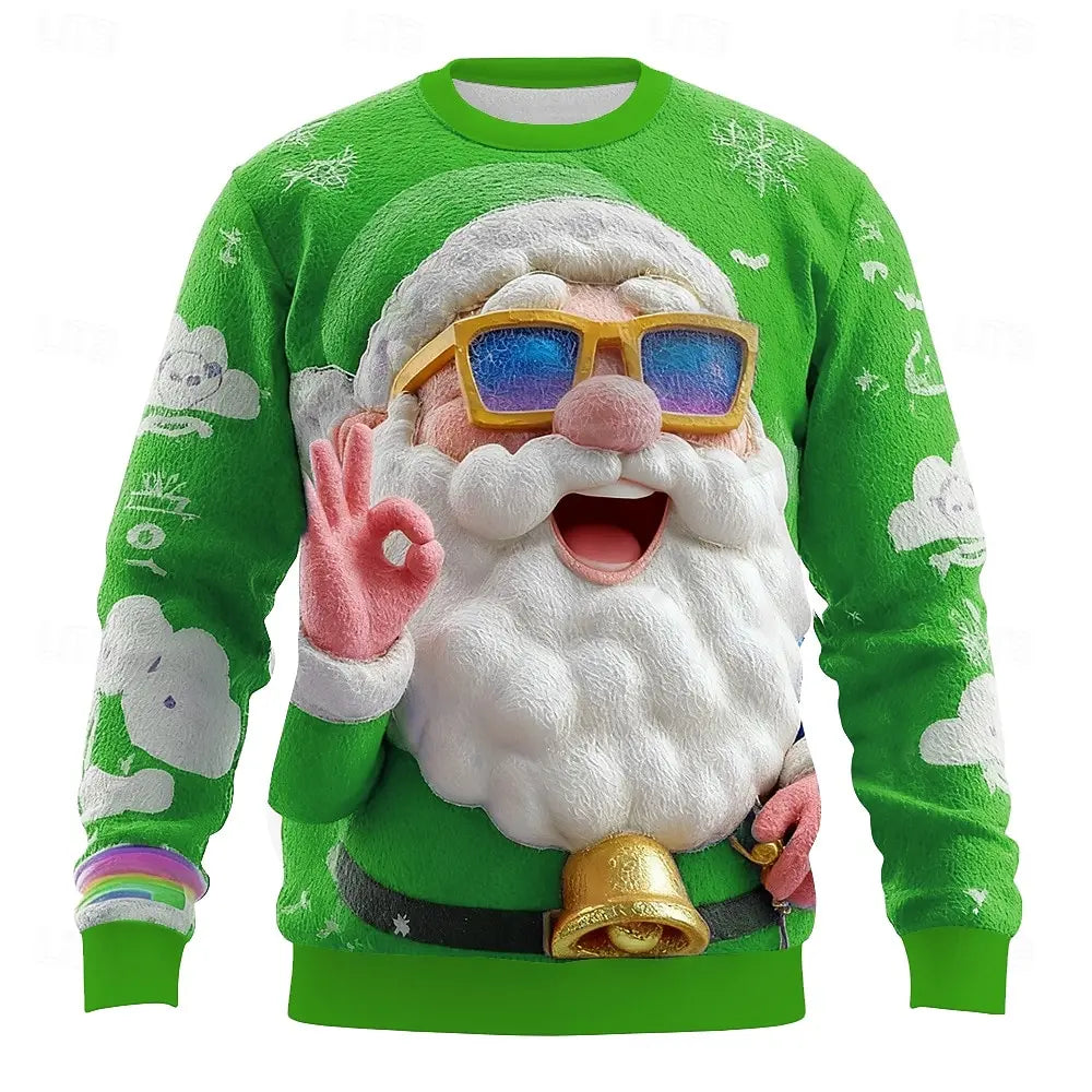 2025 Fun Santa Claus 3D Print Crewneck Sweatshirt Christmas Theme Relaxed Fit Long-Sleeve Sweatshirt Casual Party Wear