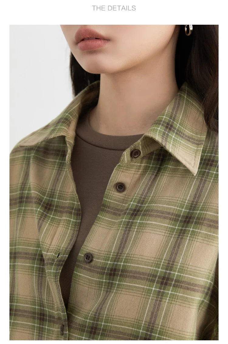 Women Shirts Loose Casual New Sanding Plaid Shirt Long Sleeve Medium Long Length Blouses Female Tops Spring Autumn 2025