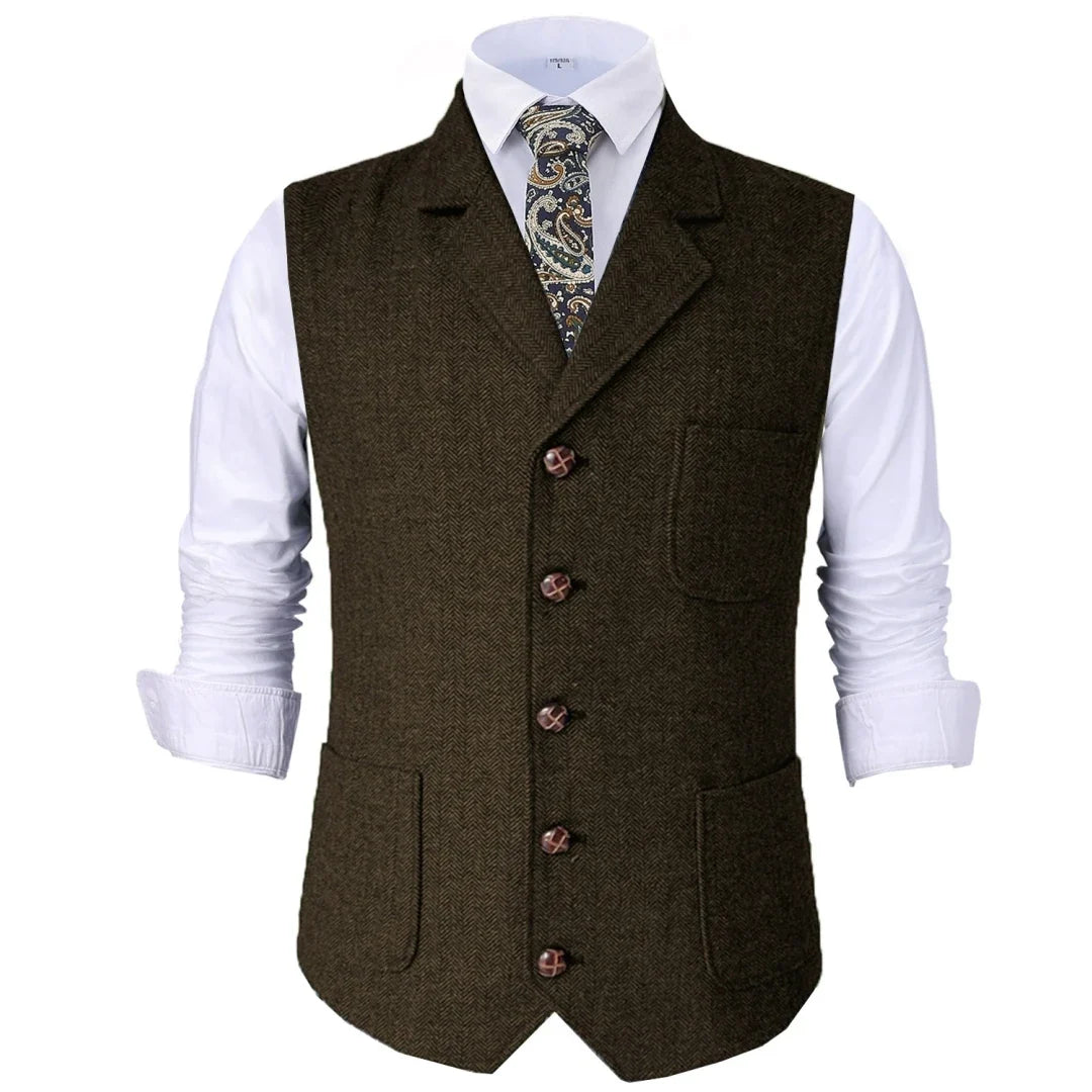 Men Vest Brown Herringbone With Lapel Waistcoat For Wedding Groom Banquet Business Casual Work Men Suit Vest