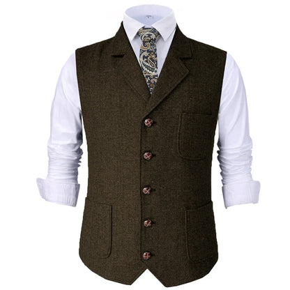Men Vest Brown Herringbone With Lapel Waistcoat For Wedding Groom Banquet Business Casual Work Men Suit Vest