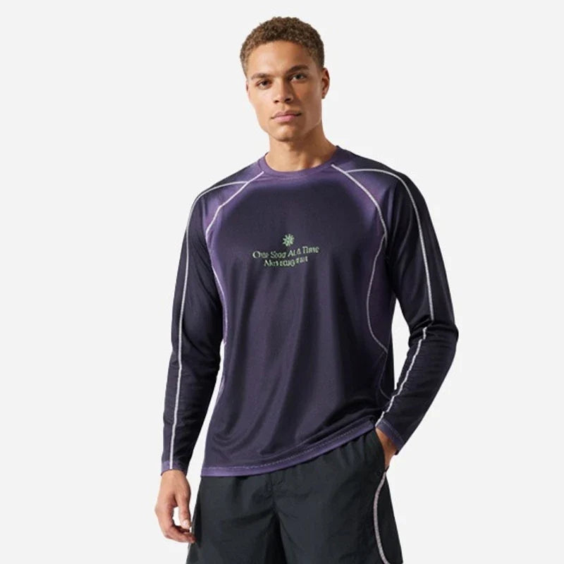 Men's Outdoor Running Long Sleeve T-Shirt Gradient Color Digital Print Quick Dry Breathable Sports Top Unisex
