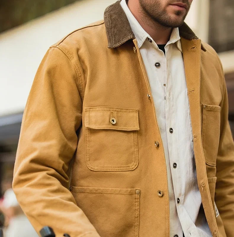 Vintage Heavyweight Michigan Chore Jackets Multi-Pocket Canvas Hunting Coat for Men's Spring Loose Lapel Collar Outwear