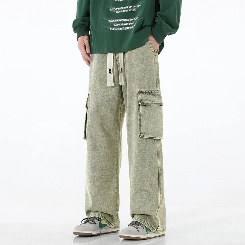 2024 New Men Baggy Cargo Jeans Fashion Streetwear Vintage Wide Leg Pants American Streetwear Y2K Big Pocket Youth Overalls