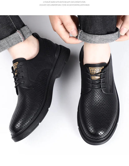 Summer Autumn New Low Top Cow Leather Shoes for Men Hallow Lace Designer Platform Shoes Male Fashion Business Casual Shoe Man